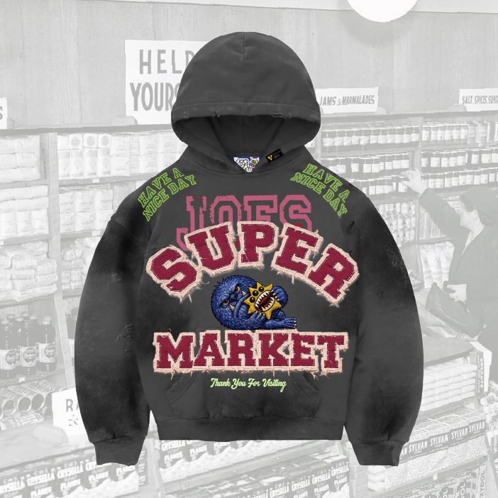 Pigment-Wash Effect Monster Appliqué Pullover Hoodie - JS-4001