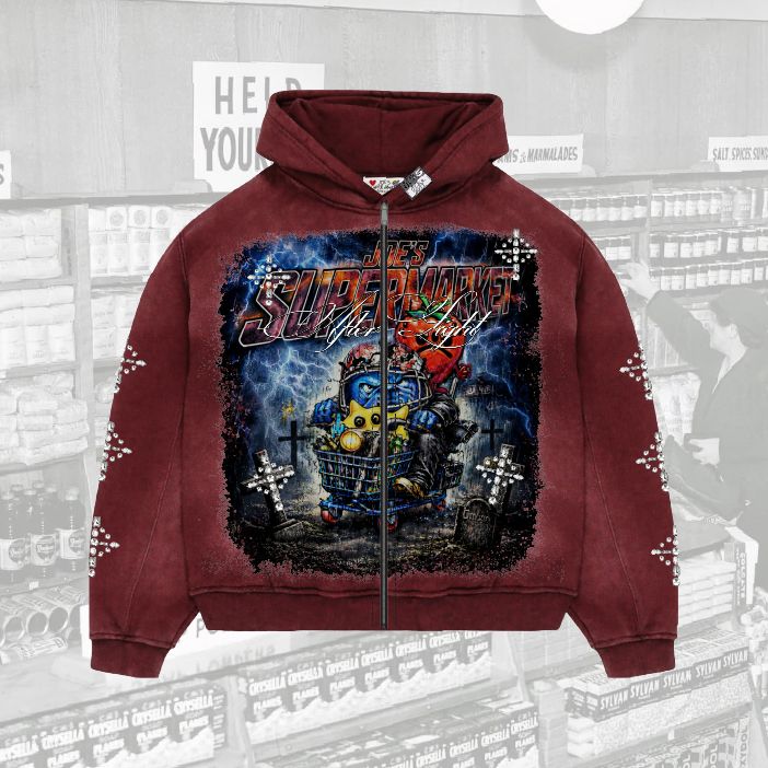 Night After Crystal-Rhinestone Graphic Full-Zip Hoodie - JS-4005