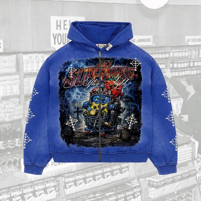 Night After Crystal-Rhinestone Graphic Full-Zip Hoodie - JS-4005