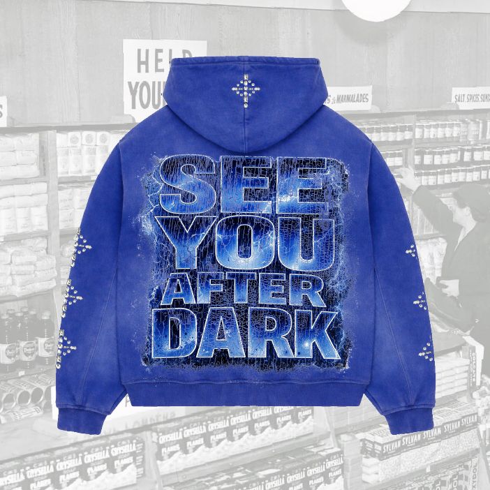 Night After Crystal-Rhinestone Graphic Full-Zip Hoodie - JS-4005