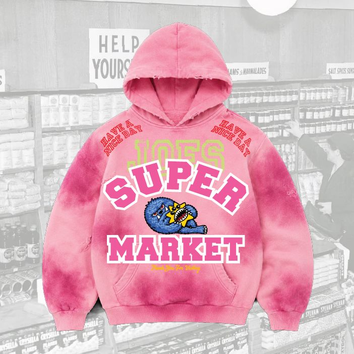 Pigment-Wash Effect Monster Appliqué Pullover Hoodie - JS-4001